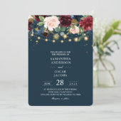 Rustic Bourgogne Navy Blue & Red Flowers & Lichten Kaart (Staand voorkant)