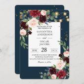 Rustic Bourgogne Navy Blue & Red Flowers & Lichten Kaart (Voorkant / Achterkant)