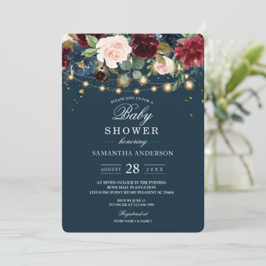 Rustic Bourgogne Navy Blue & Red Flowers & Lichten Kaart (Staand voorkant)