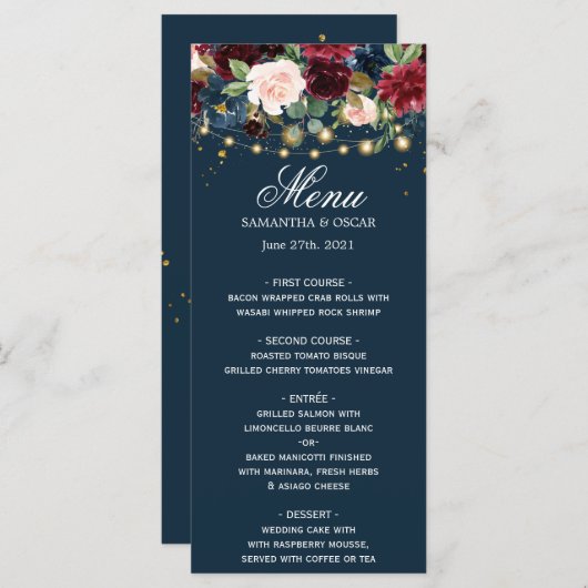 Rustic Bourgogne Navy Blue & Red Flowers & Lichten Menu (Voorkant / Achterkant)