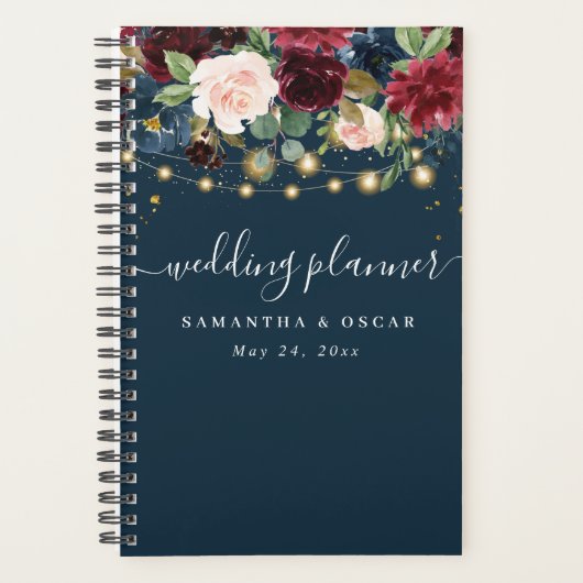 Rustic Bourgogne Navy Blue & Red Flowers & Lichten Planner (Voorkant)