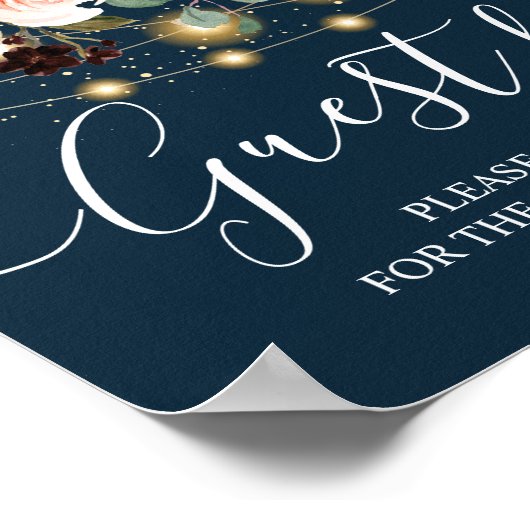 Rustic Bourgogne Navy Blue & Red Flowers & Lichten Poster (Hoek)