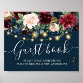 Rustic Bourgogne Navy Blue & Red Flowers & Lichten Poster (Voorkant)