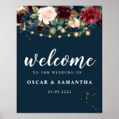 Rustic Bourgogne Navy Blue & Red Flowers & Lichten Poster (Voorkant)