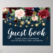 Rustic Bourgogne Navy Blue & Red Flowers & Lichten Poster (Voorkant)