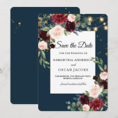 Rustic Bourgogne Navy Blue & Red Flowers & Lichten Save The Date (Voorkant / Achterkant)