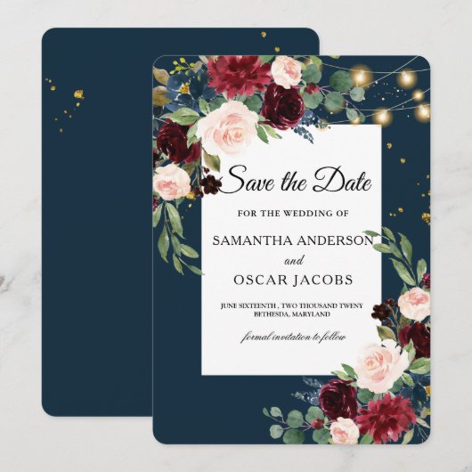 Rustic Bourgogne Navy Blue & Red Flowers & Lichten Save The Date (Voorkant / Achterkant)
