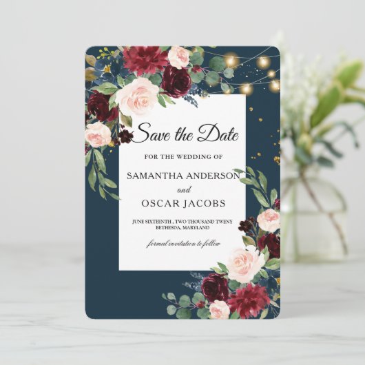 Rustic Bourgogne Navy Blue & Red Flowers & Lichten Save The Date (Staand voorkant)