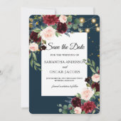 Rustic Bourgogne Navy Blue & Red Flowers & Lichten Save The Date (Voorkant)