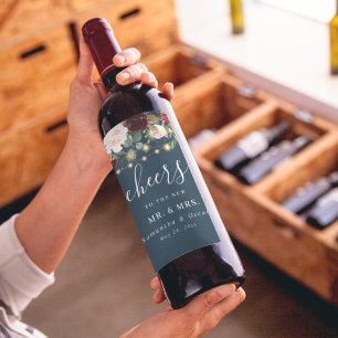 Rustic Bourgogne Navy Blue & Red Flowers & Lichten Wijn Etiket