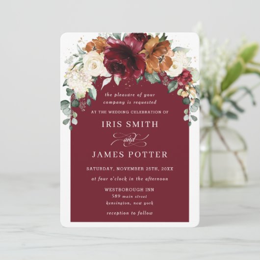 Rustic Bourgogne Oranje Ivory Floral Wedding Kaart (Staand voorkant)
