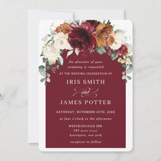 Rustic Bourgogne Oranje Ivory Floral Wedding Kaart (Voorkant)