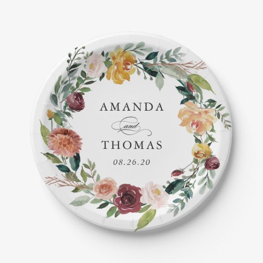 Rustic Bourgogne Sinaasappel Floral Wreath Wedding Papieren Bordje (Voorkant)