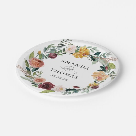 Rustic Bourgogne Sinaasappel Floral Wreath Wedding Papieren Bordje (Gekanteld)