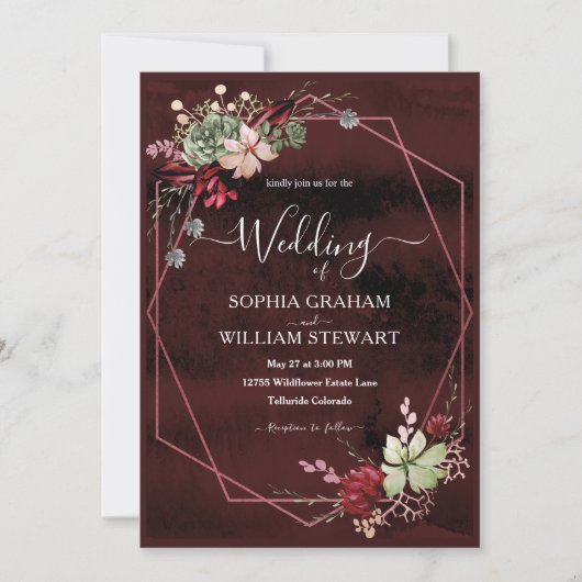 Rustic Bourgogne Waterverf Calligrafie bruiloft Kaart (Voorkant)