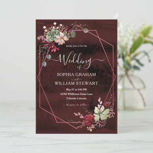 Rustic Bourgogne Waterverf Calligrafie bruiloft Kaart (Staand voorkant)