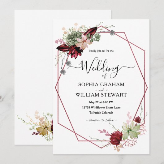 Rustic Bourgogne Waterverf Calligrafie bruiloft Kaart (Voorkant / Achterkant)