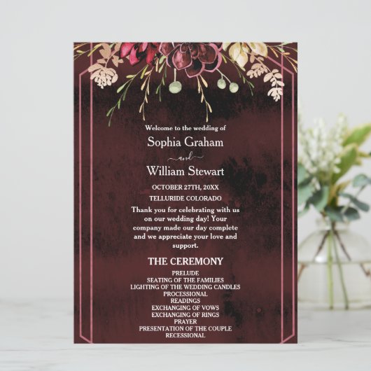 Rustic Bourgogne Waterverf Calligrafie bruiloft Programmakaart (Staand voorkant)