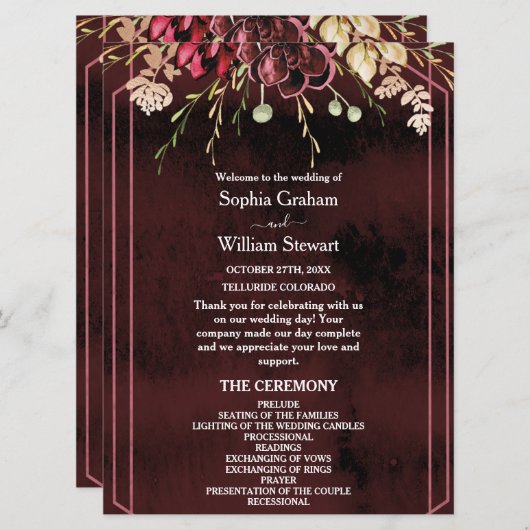 Rustic Bourgogne Waterverf Calligrafie bruiloft Programmakaart (Voorkant / Achterkant)