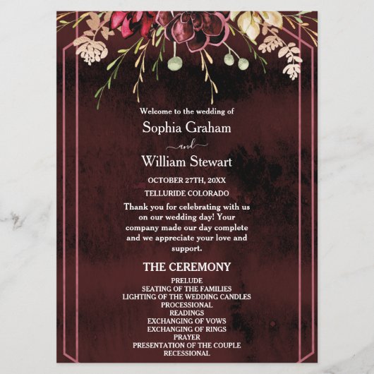 Rustic Bourgogne Waterverf Calligrafie bruiloft Programmakaart (Voorkant)