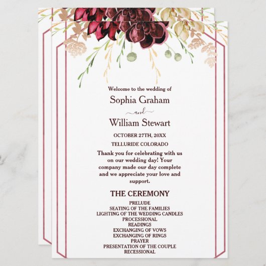 Rustic Bourgogne Waterverf Calligrafie bruiloft Programmakaart (Voorkant / Achterkant)