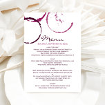 Rustic Bourgogne Wine Stain Wedding Menu<br><div class="desc">Chique rustieke moderne bordeaux rode wijn glas vlek menu kaart ontwerp omvat aangepaste tekst voor de gebeurtenis datum,  menu,  en wijn paren informatie.</div>