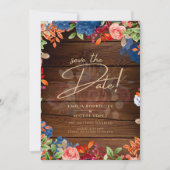 Rustic Bourgondië Blauw Bloem Bruiloft SAVE THE DA Kaart (Voorkant)