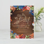 Rustic Bourgondië Blauw Bloem Bruiloft SAVE THE DA Kaart (Staand voorkant)