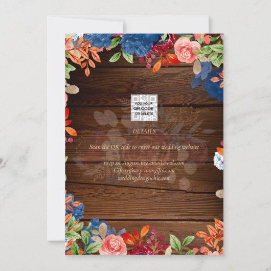 Rustic Bourgondië Blauw Bloem Bruiloft SAVE THE DA Kaart (Achterkant)