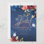 Rustic Bourgondië Blauw Bloemig Huwelijk SAVE THE Kaart (Voorkant)