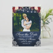 Rustic Bourgondië Bloem Blauw Houten Lichten Foto Save The Date (Staand voorkant)