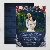 Rustic Bourgondië Bloem Blauw Houten Lichten Foto Save The Date (Voorkant / Achterkant)