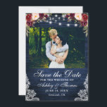 Rustic Bourgondië Bloem Blauw Houten Lichten Foto Save The Date<br><div class="desc">Rustic Blauw Houten Slingerlichten Waterverf Bourgondië Marsala Bloem,  bourgondische rozen,  roze rozen en groen Kant Trouw Kaartje om te Redden</div>