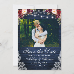 Rustic Bourgondië Bloem Blauw Houten Lichten Foto Save The Date