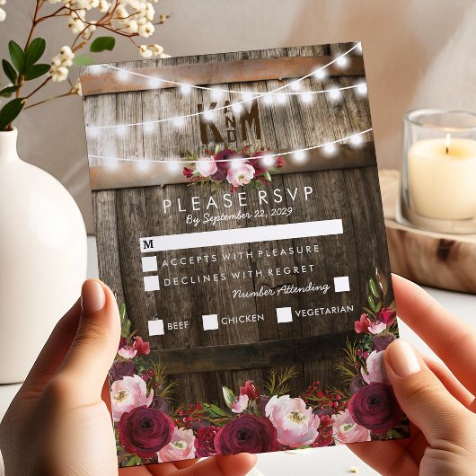 Rustic Bourgondië Bloem Bruiloft Menu Optie RSVP