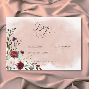 Rustic Bourgondië & Blush Roze Rozen Bruiloft RSVP Kaartje