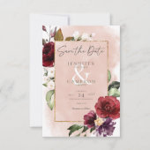 Rustic Bourgondië & Blush Roze Rozen Bruiloft Save The Date (Voorkant)