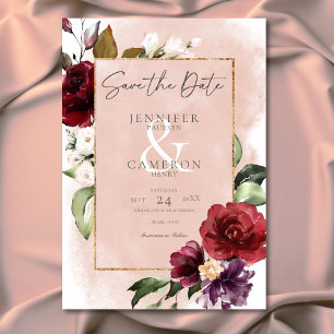 Rustic Bourgondië & Blush Roze Rozen Bruiloft Save The Date
