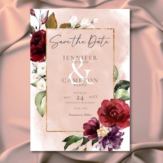 Rustic Bourgondië & Blush Roze Rozen Bruiloft Save The Date