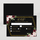 Rustic Bourgondië Florale Zwart & Goud Trouwen RSVP Kaartje (Voorkant / Achterkant)