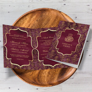Rustic Bourgondië Goud Damast Moslim Bruiloft