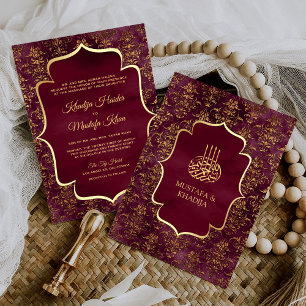 Rustic Bourgondië Goud Damast Moslim Bruiloft Kaart