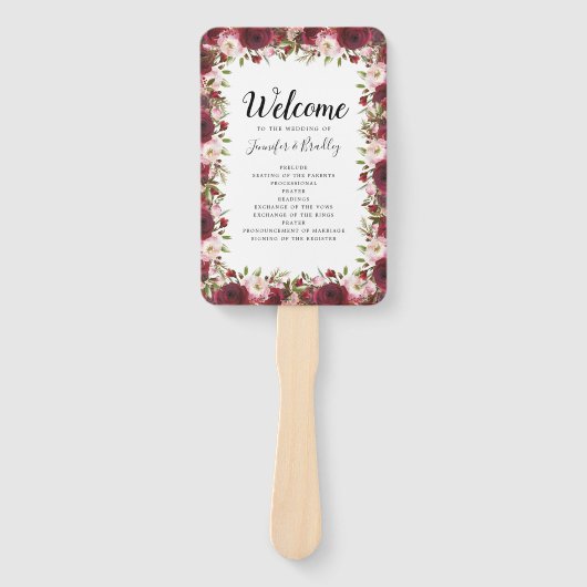 Rustic Bourgondië Marsala Bloemen Bruiloftsprogram Handwaaier (Voorkant)