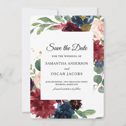 Rustic Bourgondië & Navy Bloemmotief  Save The Date (Voorkant)