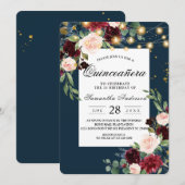 Rustic Bourgondië Navyblauw & Rode Bloemen  & Lich Kaart (Voorkant / Achterkant)