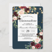 Rustic Bourgondië Navyblauw & Rode Bloemen  & Lich Kaart (Voorkant)