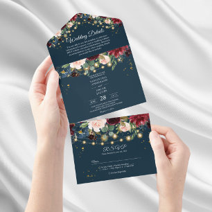 Rustic Bourgondië Navyblauw & Rode Bloemen & Licht All In One Uitnodiging