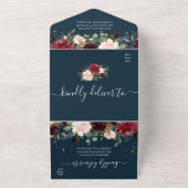Rustic Bourgondië Navyblauw & Rode Bloemen & Licht All In One Uitnodiging (Buitenkant)