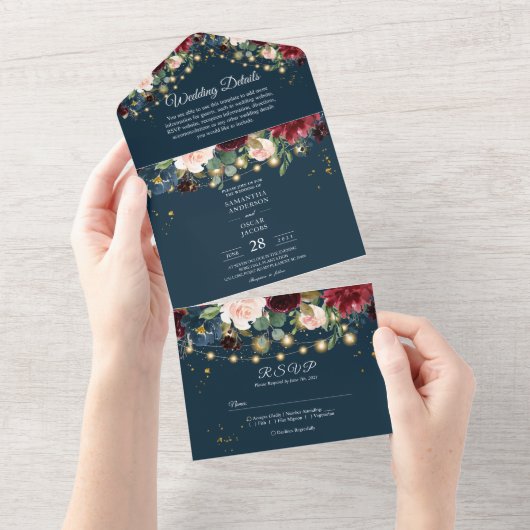 Rustic Bourgondië Navyblauw & Rode Bloemen & Licht All In One Uitnodiging (Afscheurbaar)