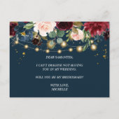 Rustic Bourgondië Navyblauw & Rode Bloemen & Licht Uitnodiging Briefkaart (Achterkant)